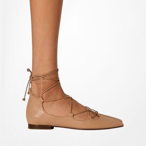 Zara Nude Beige Brown Goat Leather Lace Up Ballet Flats Size 6